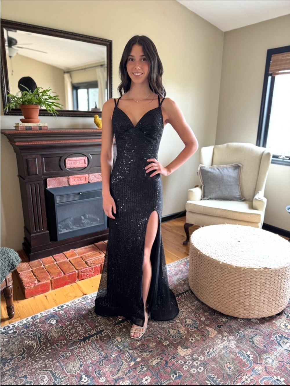 Elegant Black Sequin Evening Gown with Side Slit
